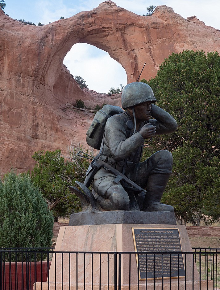 Navajo Code Talker Memorial Statue in front of Window Rock in Arizona. (Adobe/stock)