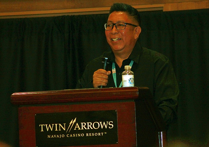 Hopi Tribal Chairman Timothy Nuvangyaoma shares his personal history at the Reentry Summit on Justice Involved Tribal Members Aug. 18 at Twin Arrows Casino Resort.  (Alexandra Wittenberg/NHO)