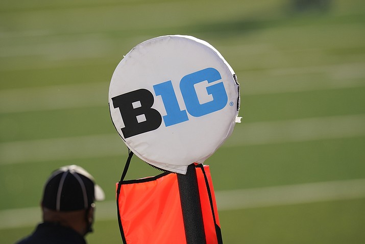 A Big Ten logo tops a yardage marker during the first half of an NCAA college football game between Iowa and Northwestern, Oct. 31, 2020, in Iowa City, Iowa. (Charlie Neibergall/AP, File)