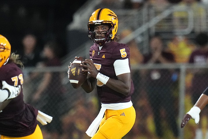 Arizona State quarterback Jaden Rashada looks to throw a pass against Southern Utah during the first half of a game Thursday, Aug. 31, 2023, in Tempe, Ariz. (Ross D. Franklin/AP)