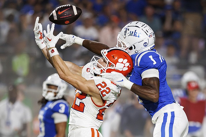 Duke's Myles Jones (1) breaks up a pass intended for Clemson's Cole Turner (22) during the first half of an NCAA college football game in Durham, N.C., Monday, Sept. 4, 2023. (Ben McKeown/AP)