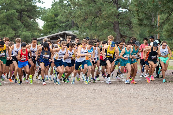 The Northern Arizona men’s cross-country team hopes to win its fourth consecutive NCAA championship, which would tie the collegiate record. Among those who participated in the George Kyte Classic meet at Buffalo Park in Flagstaff Saturday were, from center left, senior Drew Bosley, junior Santiago Gomez-Prosser and redshirt senior Theo Quax. (Rhianna Kahley/NAU Athletics)
