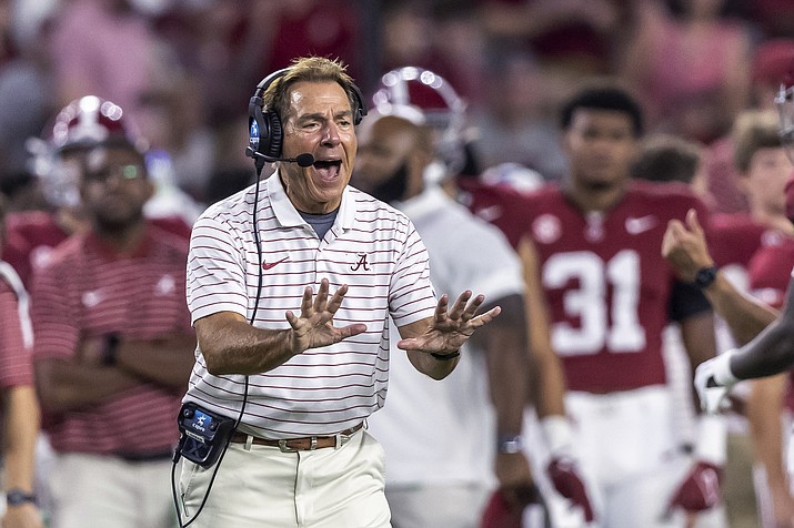 Alabama coach Nick Saban argues a call during the second half the team's NCAA game against Middle Tennessee, Saturday, Sept. 2, 2023, in Tuscaloosa, Ala. (Vasha Hunt/AP)