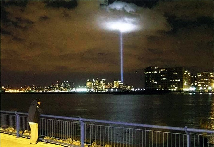Pictured is the Tribute in Light memorial for Sept. 11 located in Lower Manhattan taken from across the Hudson River in Hoboken, NJ.  (Debra Winters/Courier)