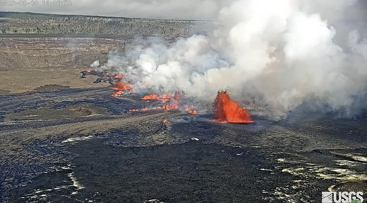 In this screen grab from webcam video provided by the U.S. Geological Survey, Kilauea, one of the most active volcanoes in the world, erupts in Hawaii, Sunday, Sept. 10, 2023. (U.S. Geological Survey via AP)