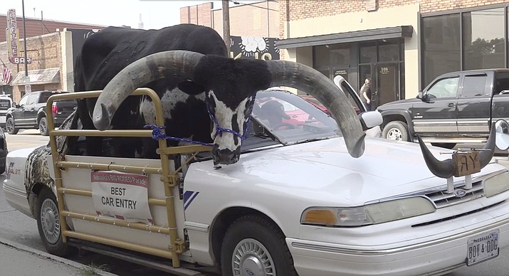 This photo provided by News Channel Nebraska, a Watusi bull named Howdy Doody sits in the passenger seat of a car owned by Lee Meyer on Wednesday, Aug. 30, 2023 in Norfolk, Neb. (News Channel Nebraska via AP)