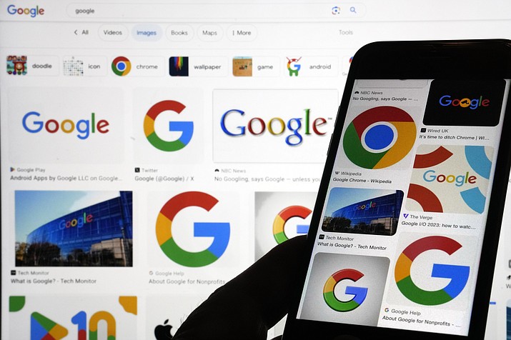 This photo, in New York, Monday, Sept. 11, 2023, shows various Google logos when searched on Google. The U.S. government is taking aim, Tuesday, Sept. 12, 2023 in federal court, at what has been an indomitable empire: Google's ubiquitous search engine that has become the internet's main gateway. (Richard Drew/AP)