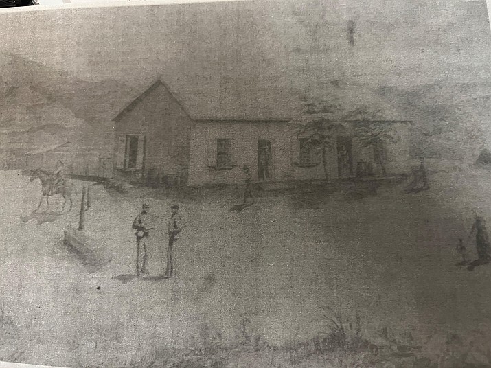 The Sutler Store in 1885 drawn by Frederick E. Murray, agent for the United Verde Copper Company, who traveled and sketched throughout the Verde Valley. The town of Jerome was named for his first cousin, Eugene Murray Jerome. The building faces north and the store is in the west end. Trees provided shade before the long, covered porch was added. (Courtesy, Jerome Historical Society Archives.)