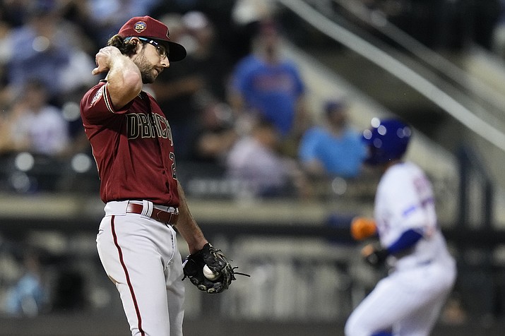 Arizona Diamondbacks starting pitcher Zac Gallen waits as New York Mets’ Mark Vientos runs the bases on a two-run home run during the sixth inning of a game Wednesday, Sept. 13, 2023, in New York. (Frank Franklin II/AP)