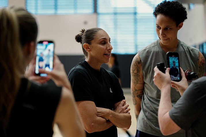 Diana Taurasi, left, and Brittney Griner express their desire to return to the Phoenix Mercury for the 2024 season during Monday’s exit interviews with players and coaches. (William Wilson/Cronkite News)