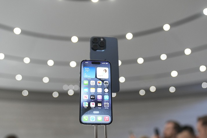 The iPhone 15 Pro is displayed during an announcement of new products on the Apple campus, Tuesday, Sept. 12, 2023, in Cupertino, Calif. (Jeff Chiu/AP)