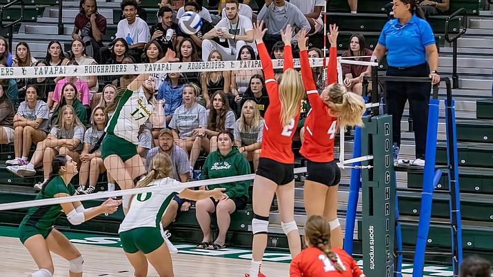 Yavapai volleyball outside hitter Bella Reach (17) goes up for a shot during a game against Ottawa University on Wednesday, Sept. 23, 2023, at Walraven Gymnasium in Prescott. (Bill Leyden/Courtesy)