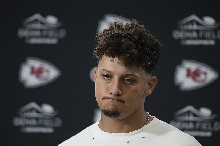 Kansas City Chiefs quarterback Patrick Mahomes pauses during a news conference following an NFL football game against the Detroit Lions Thursday, Sept. 7, 2023, in Kansas City, Mo. The Lions won 21-20. (Charlie Riedel/AP)