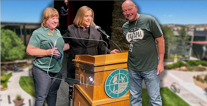Yavapai College District Governing Board Chair Deb McCasland, left, and Professor Jerald Monahan, right, are regional winners, national finalists for Association of Community College Trustees awards. (Yavapai College/Courtesy)