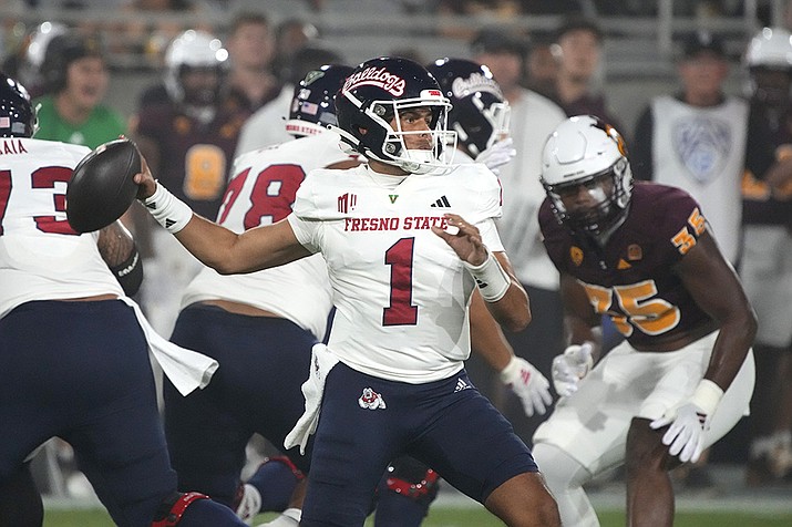 Fresno State quarterback Mikey Keene (1) passes the ball against Arizona State during the first half of an NCAA college football game Saturday, Sept. 16, 2023, in Tempe, Ariz. (Rick Scuteri/AP)