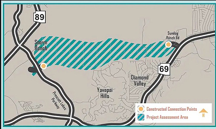 A design concept report has been underway since May 2022 on the Sundog Connector, a proposed new route between Prescott and Prescott Valley. The corridor for the possible connector route is shown here in a Central Yavapai Metropolitan Planning Organization map. (CYMPO/Courtesy image)