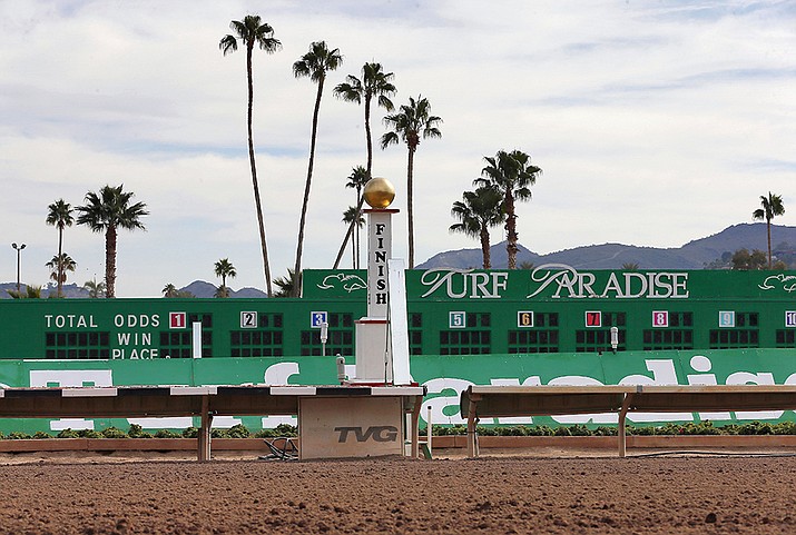 The finish line of the horse racing track at Turf Paradise is seen, Friday, Jan. 29, 2016, in Phoenix. The track, which has been a staple of horse racing in Arizona for decades, announced Monday, Sept. 18, 2023, it will cease live racing. There will be no live racing or simulcasting from the north Phoenix race track starting Oct. 1. (Matt York, AP File)