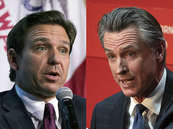 In this combination of photos, Republican presidential candidate Florida Gov. Ron DeSantis speaks on Sept. 16, 2023, in Des Moines, Iowa, at left, and California Gov. Gavin Newsom, speaks on Sept. 12, 2023, in Sacramento, Calif., at right. (AP Photo)