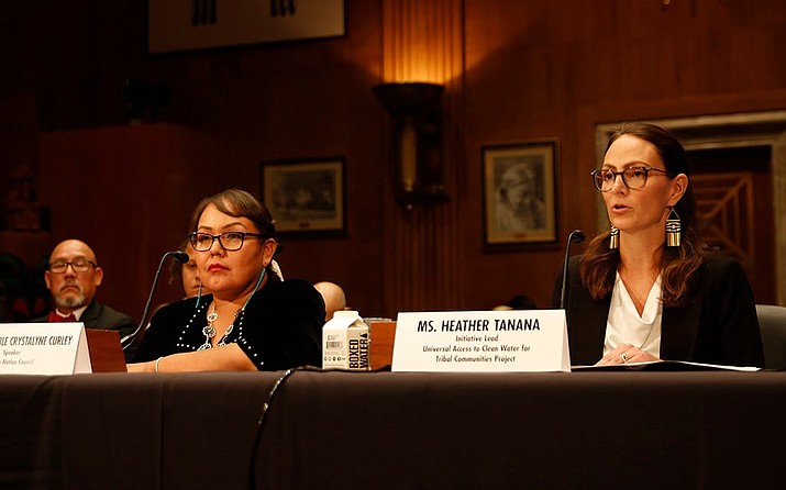 Navajo Nation Council Speaker Crystalyne Curley, left, and Heather Tanana of the Universal Access to Clean Water for Tribal Communities Project, told a Senate hearing of the deep problems with access to clean water in Indigenous communities. (Photo by Lux Butler/Cronkite News)