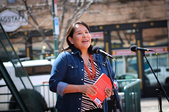 Lorinda Martinez presenting "Running with Changing Woman" during the Northern Arizona Book Festival in Flagstaff, spring 2023. (Photo/Tyler Mitchel)