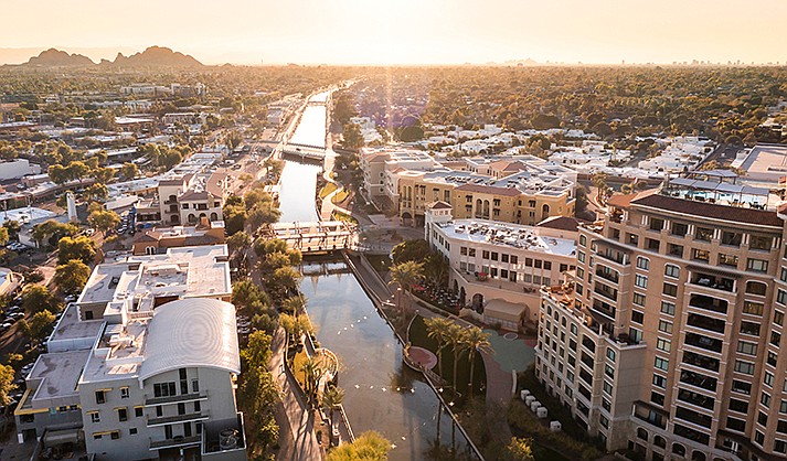 Aerial sunset view of the Salt River Canal and downtown area of Scottsdale. (Adobe/stock)