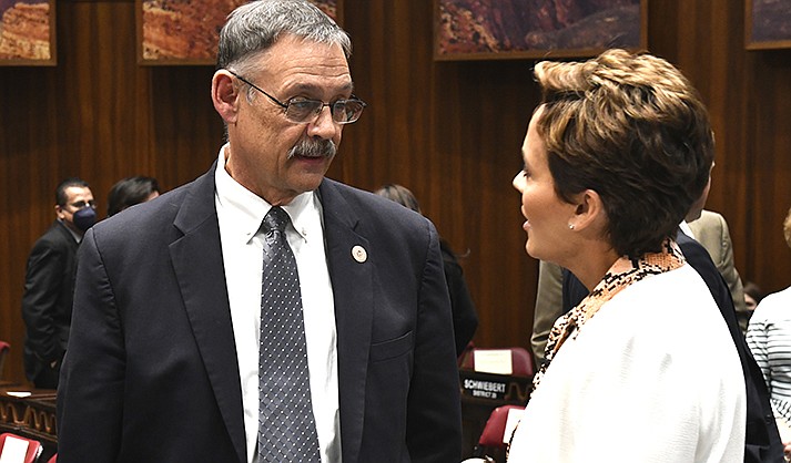 Kari Lake and Mark Finchem in the state House chambers in January 2022. (Capitol Media Services file photo by Howard Fischer)