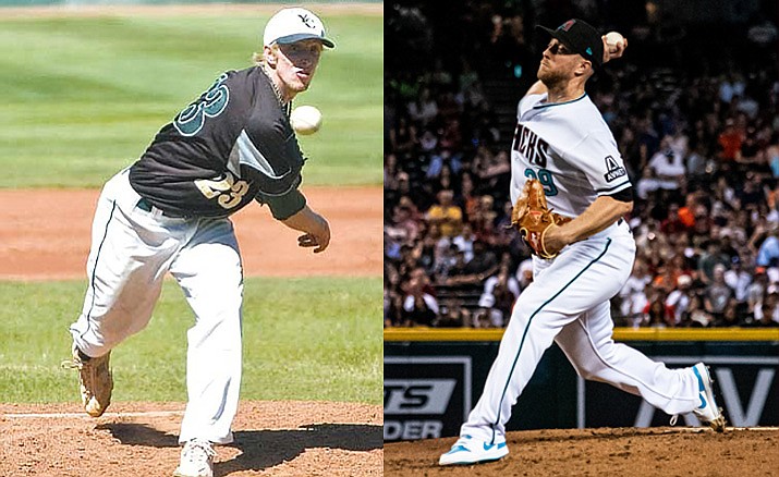 Merrill Kelly is shown on the left during his years at Yavapai College in Prescott and at right pitching for the Arizona Diamondbacks. (Yavapai College/Courtesy and Chris Ortiz/Courier)