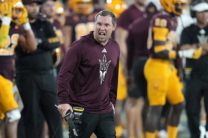 Arizona State head coach Kenny Dillingham shouts at officials during the second half of a game against Colorado, Saturday, Oct. 7, 2023, in Tempe, Ariz. (Ross D. Franklin/AP)