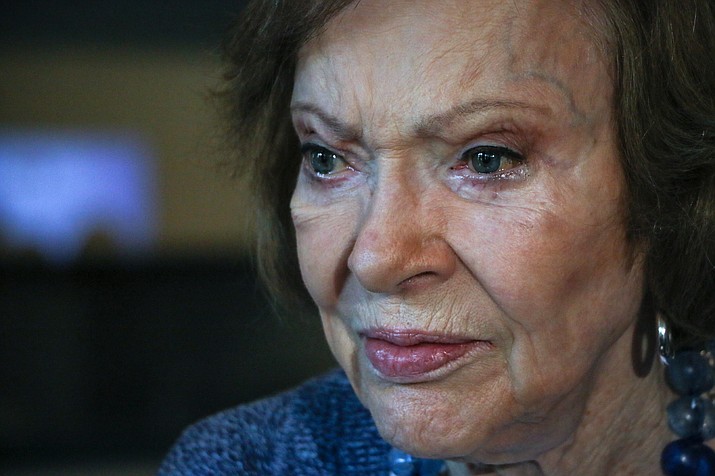 Former first lady Rosalynn Carter speaks during a news conference at The Carter Center, Nov. 5, 2019, in Atlanta. Carter, the closest adviser to Jimmy Carter during his one term as U.S. president and their four decades thereafter as global humanitarians, has died at the age of 96. (Ron Harris/AP-File)