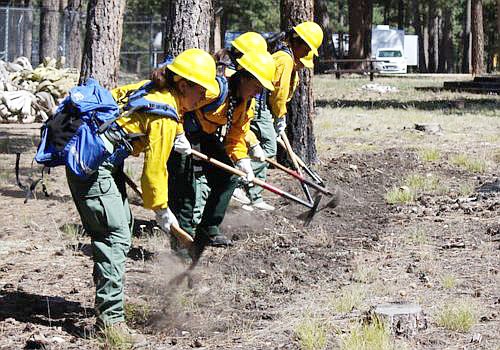 Women in Wildland Fire participants learn to cut line during a bootcamp on  Kaibab National Forest. (Photo/USFS)