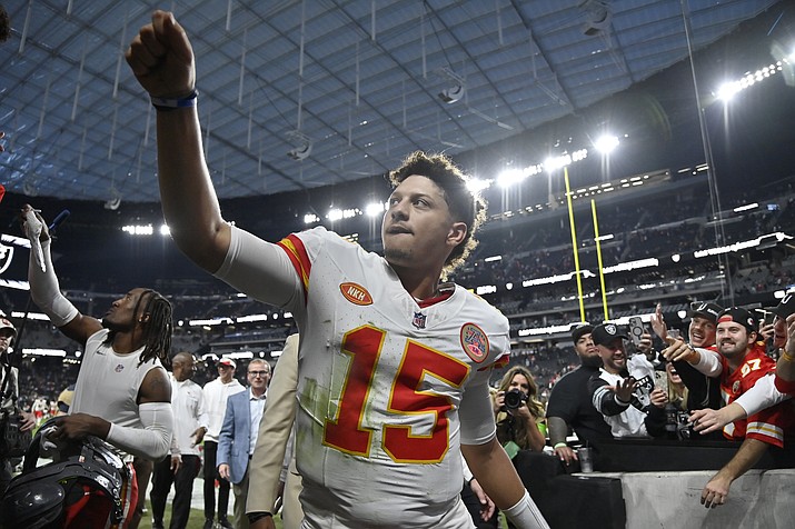 Kansas City Chiefs quarterback Patrick Mahomes (15) celebrates after a win against the Las Vegas Raiders, Sunday, Nov. 26, 2023, in Las Vegas. (David Becker/AP)