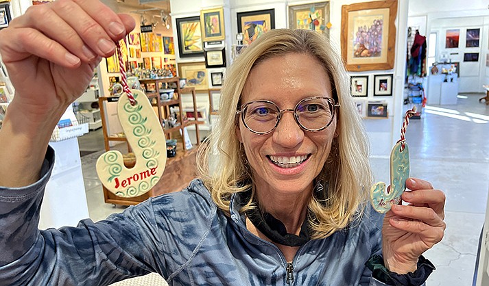 Jerome artists like Jamalee Moret have produced many beautiful mugs and cups at reasonable prices. She was even working on ceramic Jerome Christmas stocking ornaments on Tuesday, Nov. 28. (VVN/Vyto Starinskas)