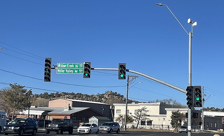 The traffic signal on Willow Creek Road at Iron Springs Road. The city has synchronized signals on Willow Creek Road to smooth traffic flow during rush hour. (Jim Wright/Courier)