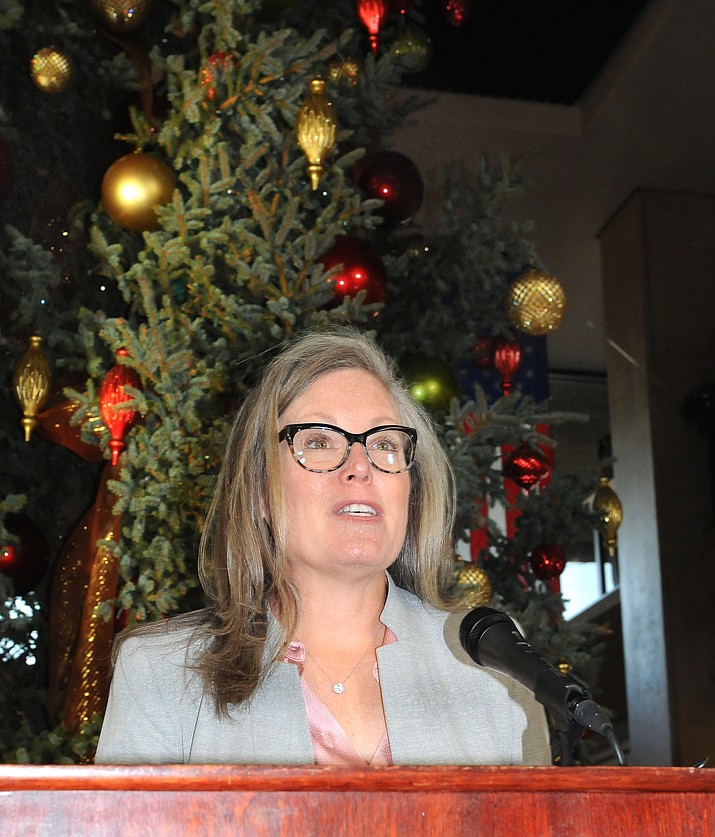 Gov. Katie Hobbs presiding at Monday’s annual lighting of the Christmas tree in the Capitol tower. (Howard Fischer, Capitol Media Services)