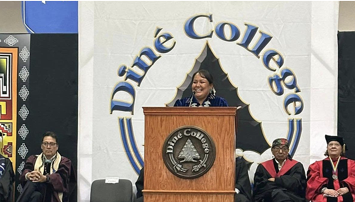 Council Speaker Crystalyne Curley speaks at the Diné College commencement Dec. 8. (Photo/NNC)