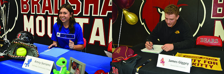 Student athletes, Amry Soriano and James Giggey sign Letters of Intent with their chosen colleges at Bradshaw Mountain High School on Wednesday, Dec. 20, 2023. (Jesse Bertel/Courier)