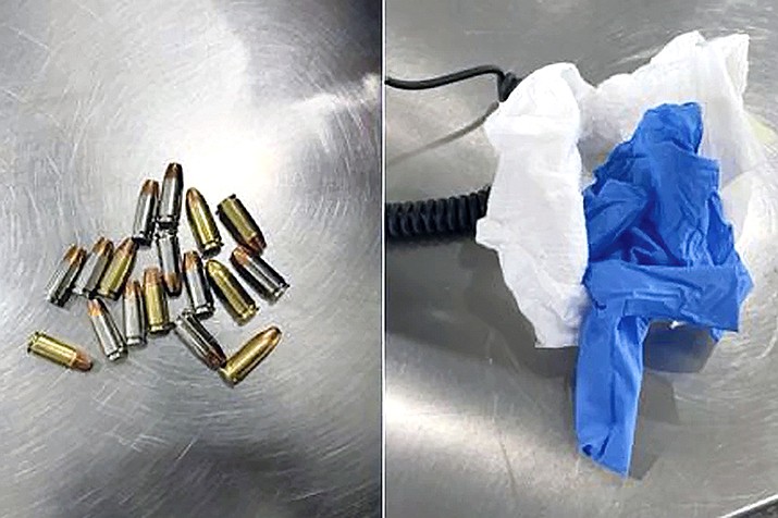This combination of photos provided by the TSA shows 17 bullets security officers found inside a disposable baby diaper on Wednesday, Dec. 20, 2023, at LaGuardia Airport in New York. (Transportation Security Administration via AP)