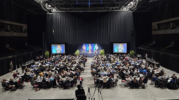 Overhead view of Prescott Valley’s first-ever “State of the Town” address, which was held at the Findlay Toyota Center Tuesday, Jan. 30, 2024. (Debra Winters/Courier)