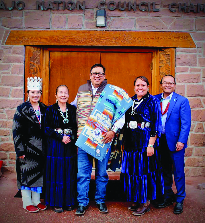Miss Navajo Nation Amy Begaye, Chief Justice JoAnn Jayne, Speaker Crystalyne Curley and President Buu Nygren honor Council Delegate and former Speaker Seth Damon after he announced his resignation as a member of the Council (Photo/NNC)