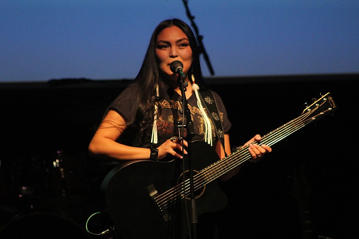 Navajo heavy metal musician Sage Bond was one of several entertainers at Rumble on the Mountain 10 at the Orpheum in Flagstaff, Arizona Feb. 3. The event spanned seven hours and drew many musicians and activists. (Alexandra Wittenberg/ NHO)