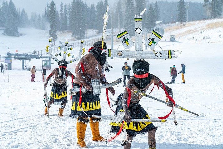 A local group of Apache Crown Dancers perform a ceremony at the base of the Sunrise Ski Mountain in eastern Arizona  at opening day for the 2023/24 season. (Photo/Sunrise Ski Resort)