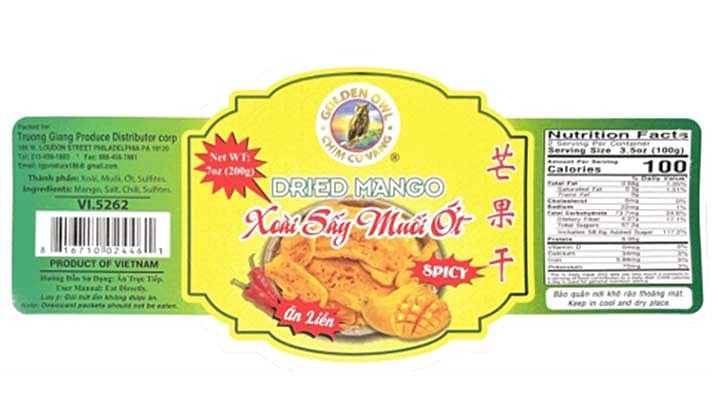 Dried mango from Truong Giang Distributor Corp. is part of recent food recalls. (courtesy image)