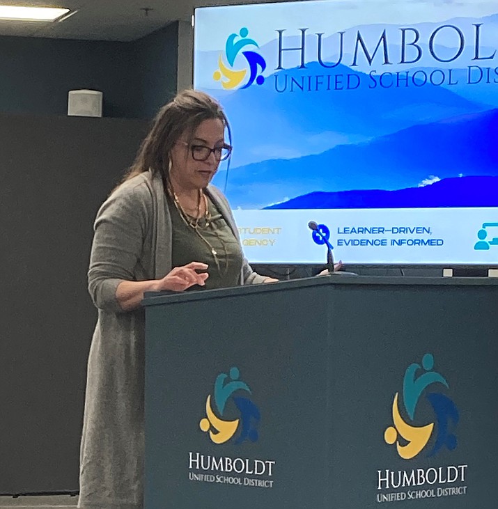 MatForce Program Director Nikki Rosson speaks to the Humboldt Unified School District Governing Board and district administrators on Thursday, Feb. 1, 2024, about allowing surveys as a way to measure outcomes of their district substance abuse prevention programs. (Nanci Hutson/Courier)