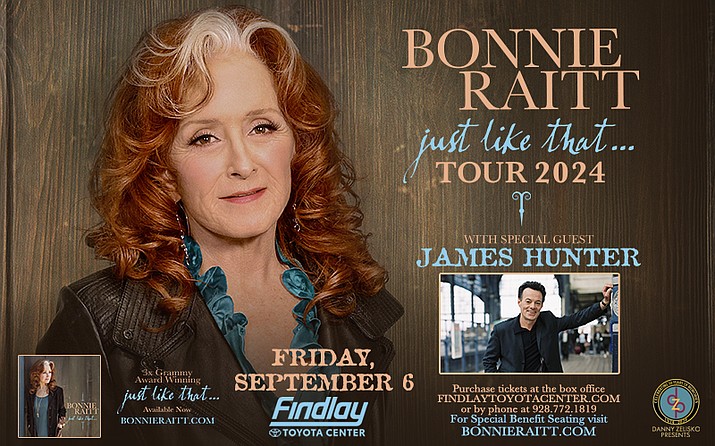 Celebrating a hearty response to her award-winning album and sold-out concerts, Bonnie Raitt’s ‘Just Like That…’ tour extends into fall 2024 with additional U.S. dates including Prescott Valley on Sept. 6, 2024. (Courtesy image)