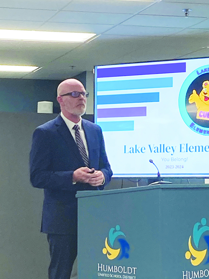 Lake Valley Elementary Principal Brandon O’Neal gives his first HUSD Governing Board presentation on school progress, extracurriculars and future at Feb. 1 meeting (Nanci Hutson/Courier)