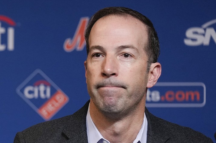 Then-New York Mets general manager Billy Eppler looks on during a baseball news conference at Citi Field, Tuesday, Dec. 20, 2022, in New York. Former New York Mets general manager Billy Eppler was suspended through this year's World Series on Friday , Feb. 9, 2024, by baseball Commissioner Rob Manfred, who concluded he and other team employees fabricated injuries to create open roster spots.(Seth Wenig/AP-File)