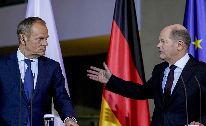 German Chancellor Olaf Scholz, right, and Poland's Prime Minister Donald Tusk attend a press conference in Berlin, Germany, Monday, Feb.12, 2024. (Ebrahim Noroozi/AP)