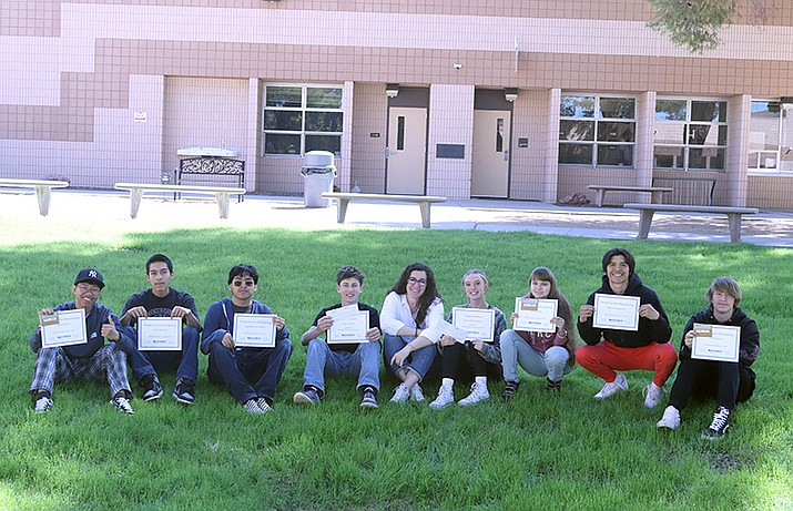 Camp Verde High School celebrates winners of the annual essay contest: Aiden Mezulis and Destinyrose Johnson tied for 3rd place, each earning $100. Angel Estanislao, Emmy Bast, Zayden James, Taven Herrera, Leslie Torayno, Ky'noe Honwytewa, and Vittoria Fiorillo received $10 Amazon gift cards for Executive Choice Awards.